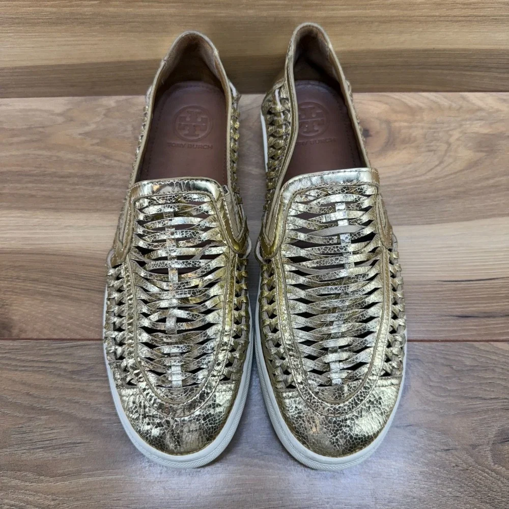 Tory Burch Huarache Sneakers Womens 10.5 Gold Weave Woven Leather